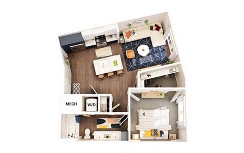 Floor plan for 1 bed, 1 bath, 685 sqft